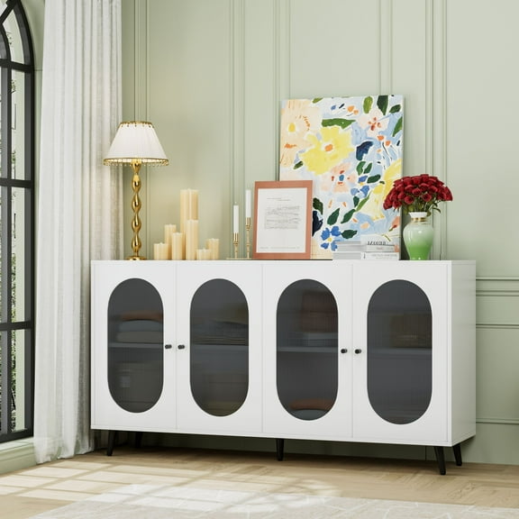DEALTOPS Stylish Sideboard with Acrylic Cabinet Doors, Adjustable Shelves and Metal Feet and Handles, White