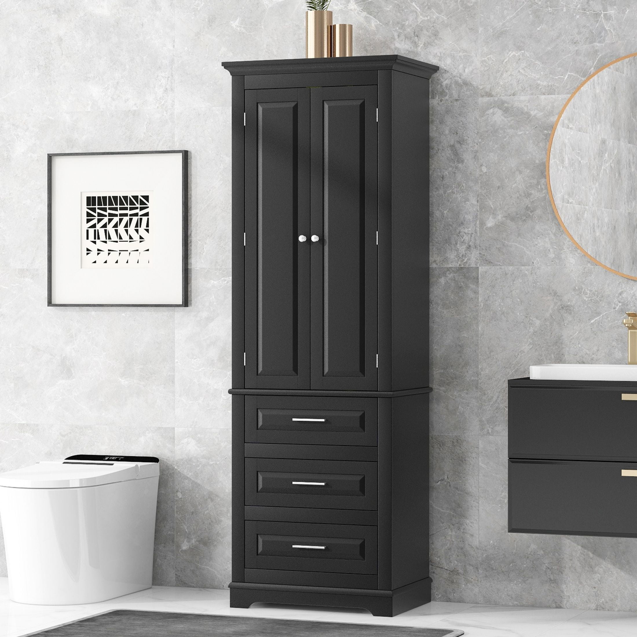 DEALTOPS Stylish Spacious Storage Cabinet with 3 Drawers and Adjustable Shelf for Bathroom, Living Room, Black