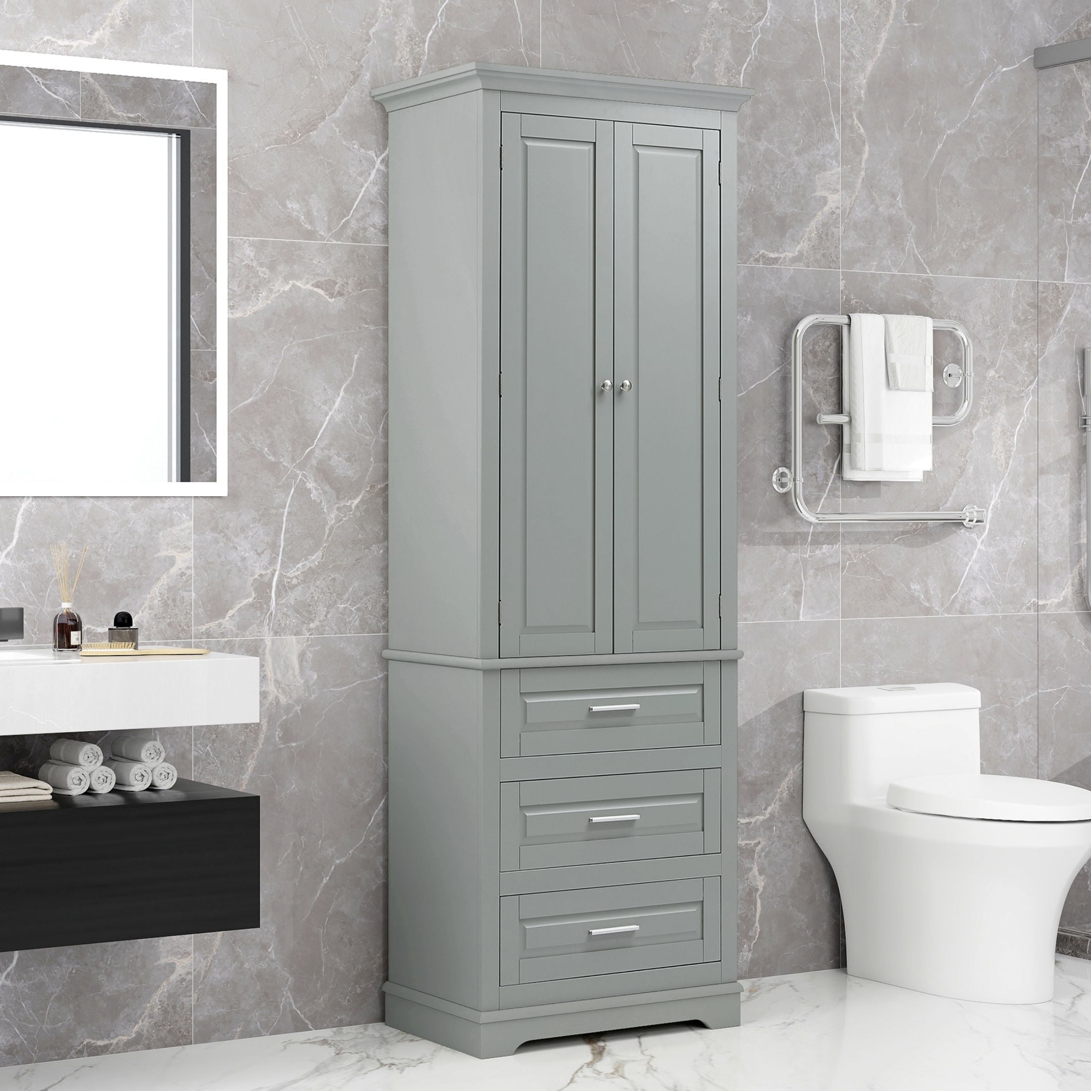 DEALTOPS Stylish Spacious Storage Cabinet with 3 Drawers and Adjustable Shelf for Bathroom, Living Room, Gray