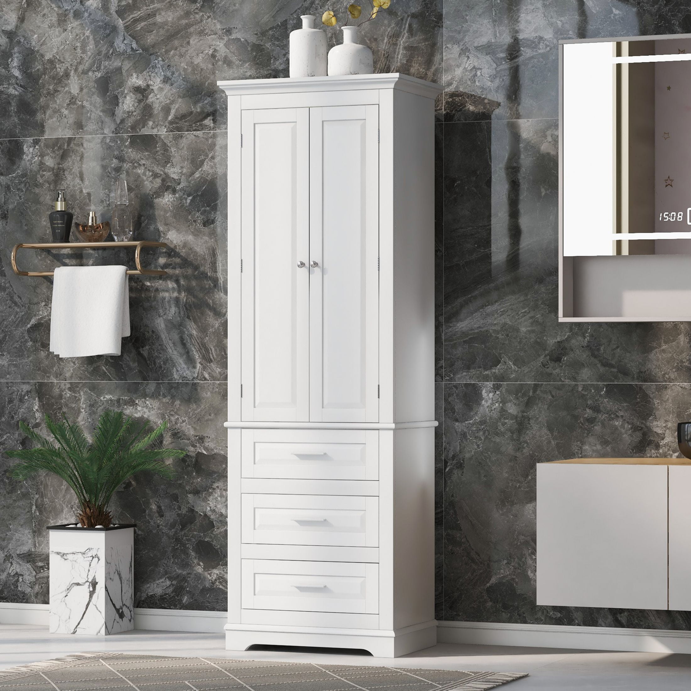 DEALTOPS Stylish Spacious Storage Cabinet with 3 Drawers and Adjustable Shelf for Bathroom, Living Room, White