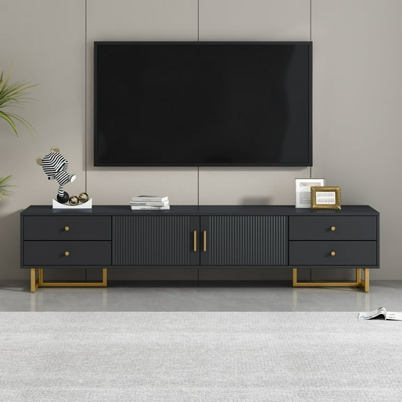 DEALTOPS Stylish TV Stand with 4 Drawers, Spacious Media Console with Metal Legs for TVs Up to 75'', Black