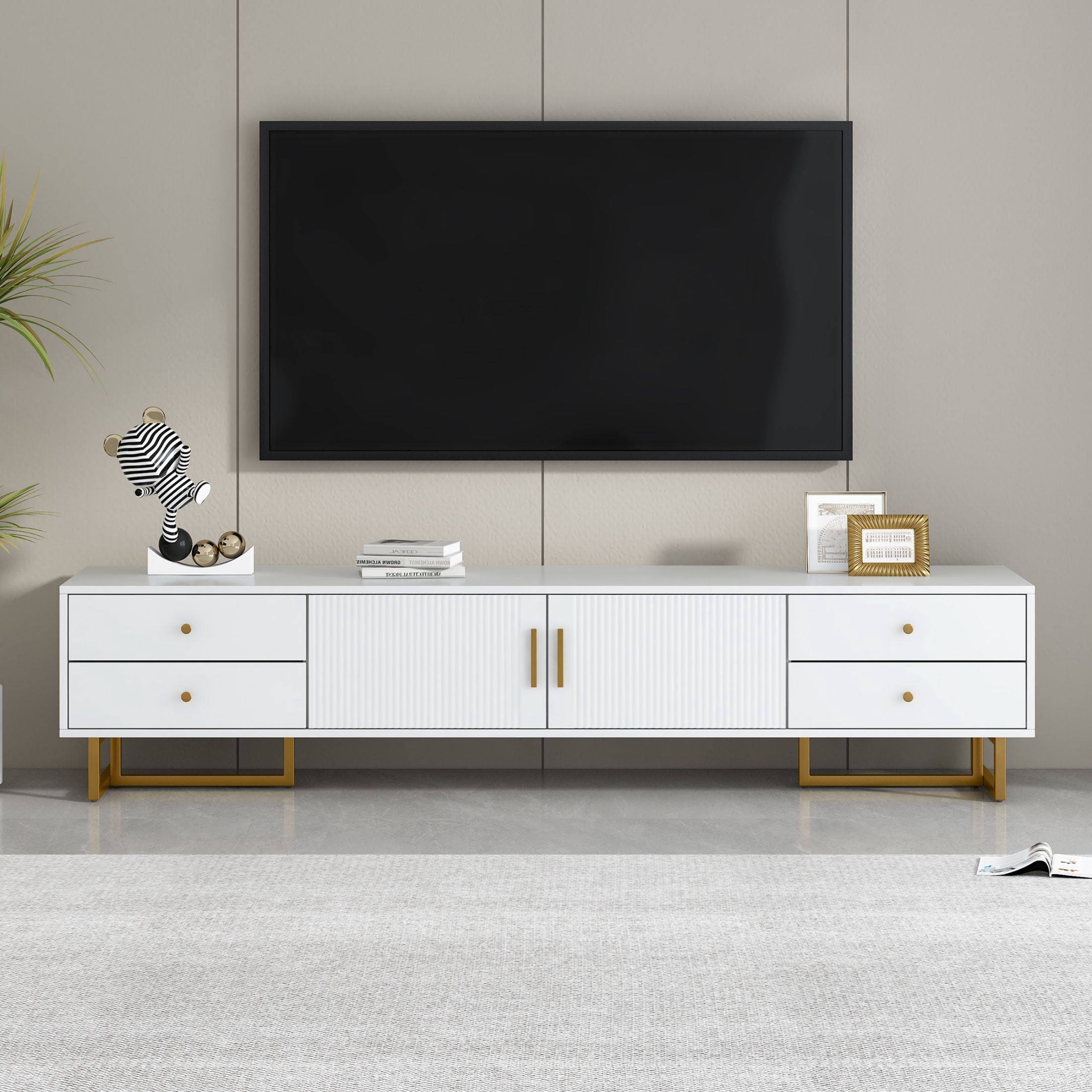 DEALTOPS Stylish TV Stand with 4 Drawers, Spacious Media Console with Metal Legs for TVs Up to 75'', White