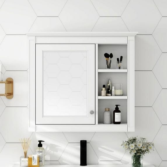 DEALTOPS Stylish Wall Mounted Bathroom Mirror Cabinet with Cabinet and Open Shelves, White