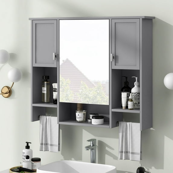 DEALTOPS Stylish Wall Mounted Bathroom Mirror Cabinet with Open Shelves and Towel Racks, Gray