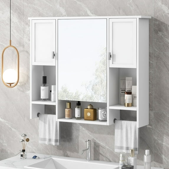 DEALTOPS Stylish Wall Mounted Bathroom Mirror Cabinet with Open Shelves and Towel Racks, White