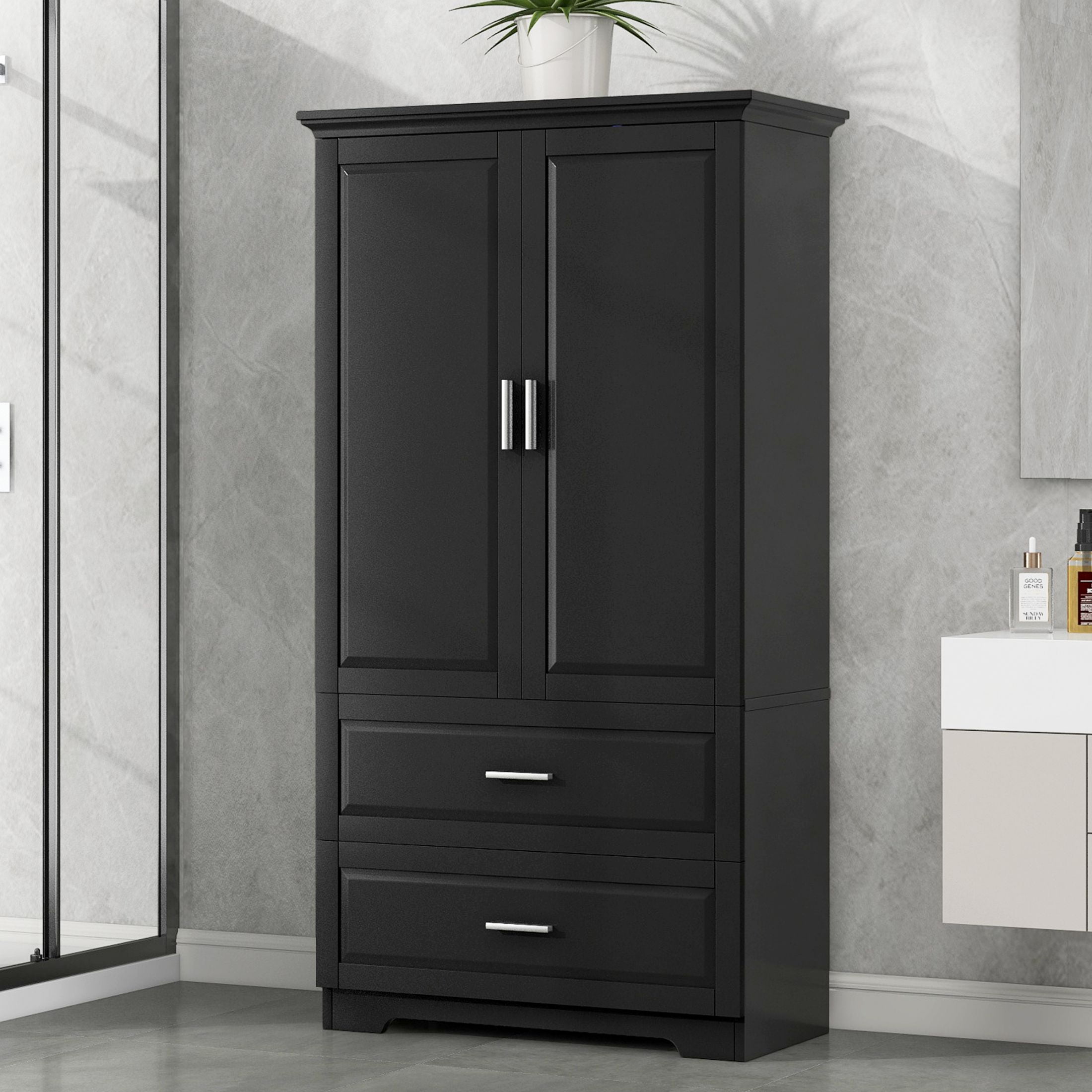 DEALTOPS Tall Spacious Storage Cabinet with 2 Drawers and Adjustable Shelf for Bathroom, Living Room, Black