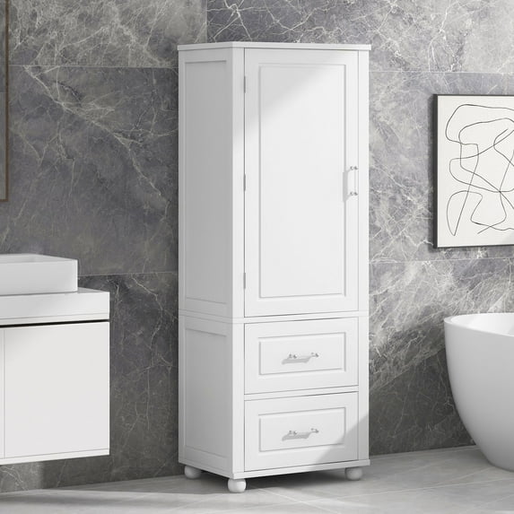 DEALTOPS Tall Spacious Storage Cabinet with 2 Drawers and Adjustable Shelves, White