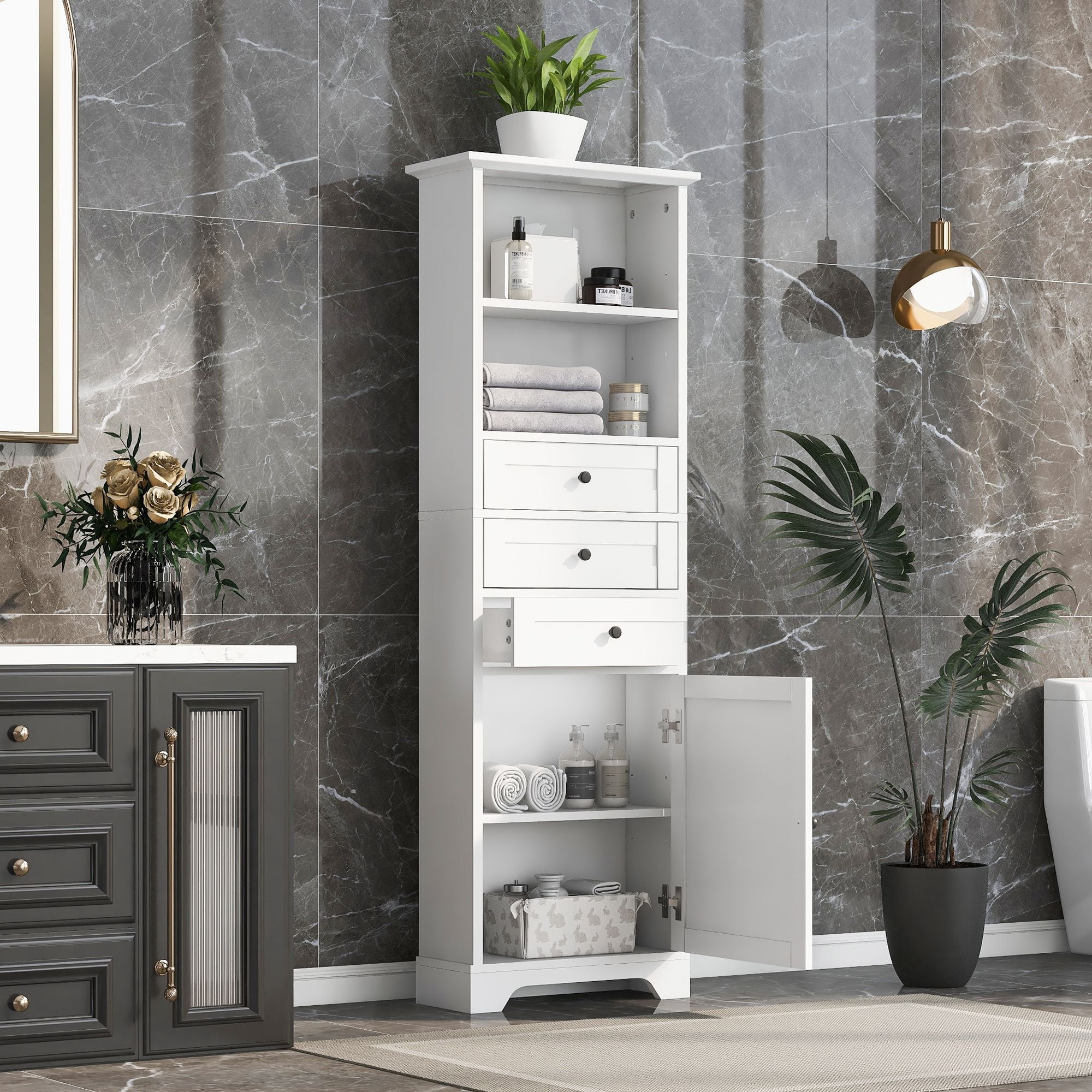 DEALTOPS Tall Storage Cabinet with 3 Drawers and Open Storage for Living Room, Bathroom, White