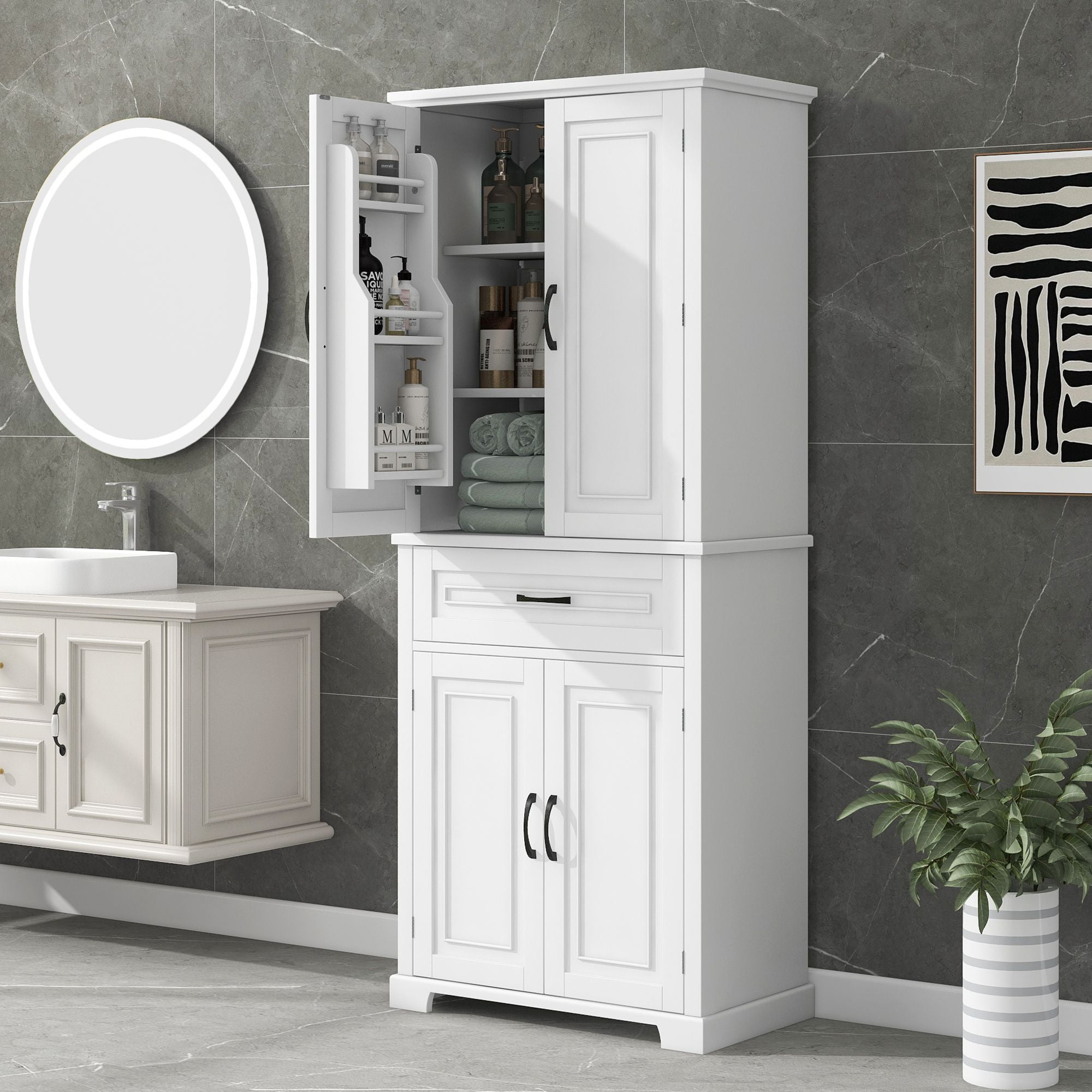 DEALTOPS Tall Storage Cabinet with Spacious Storage, Wide Cabinet with Storage Racks, White