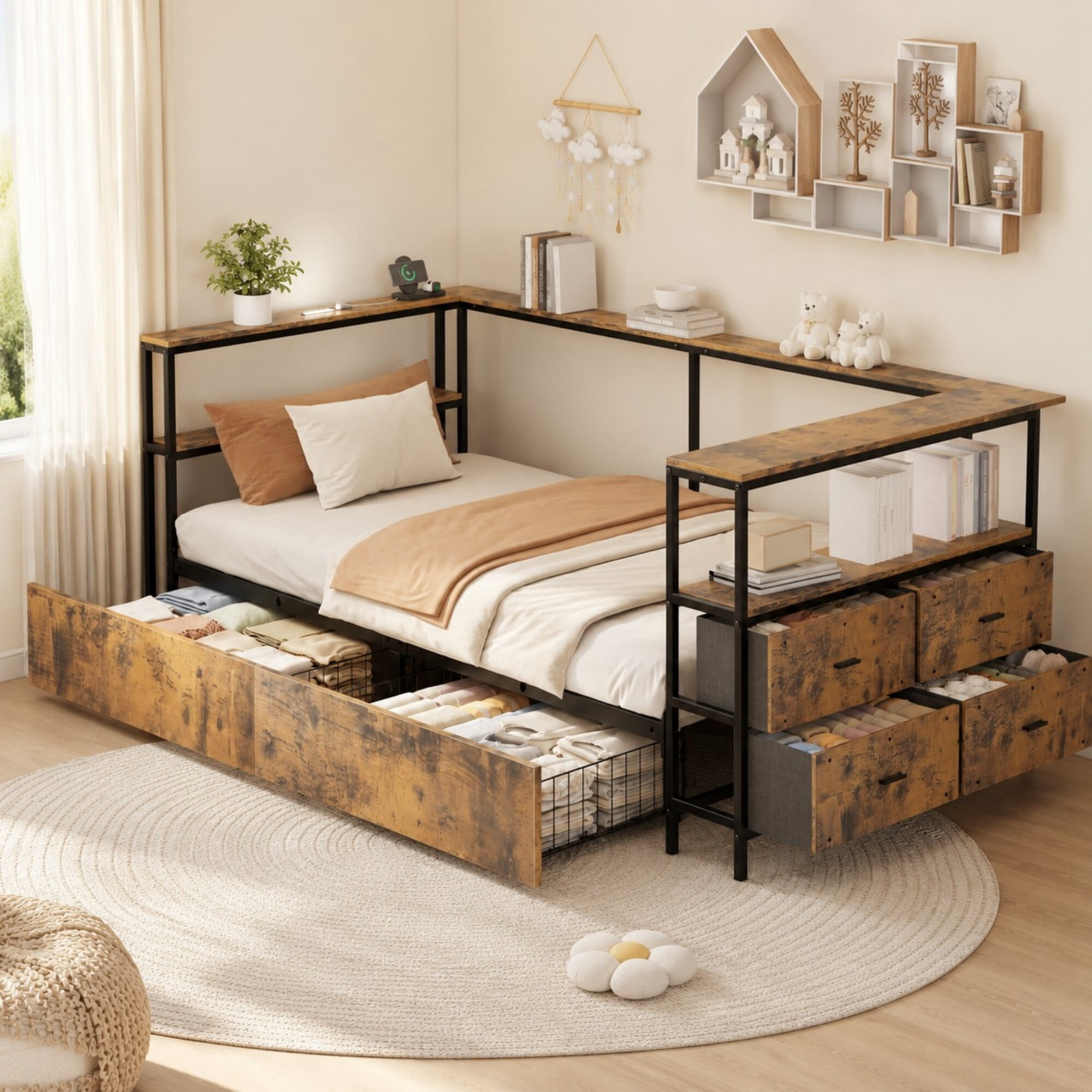 DEALTOPS Twin Daybed with Storage Drawers, Corner Bed Frame with Charging Station & LED Light, Rustic Brown