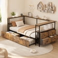 thumbnail image 1 of DEALTOPS Twin Daybed with Storage Drawers, Corner Bed Frame with Charging Station & LED Light, Rustic Brown, 1 of 8