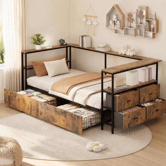 DEALTOPS Twin Daybed with Storage Drawers, Corner Bed Frame with Charging Station & LED Light, Rustic Brown