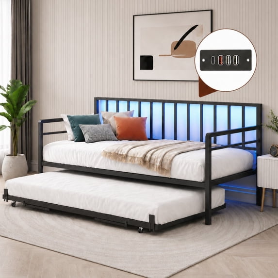 DEALTOPS Twin Daybed with Trundle, Metal Day Bed Frame with RGB LED Lights & Charging Station, Black