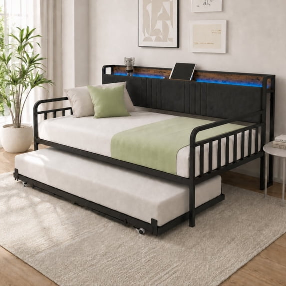 DEALTOPS Twin Daybed with Trundle, Upholstered Metal Bed Frame with Charging Station & LED Lights, Dark Gray