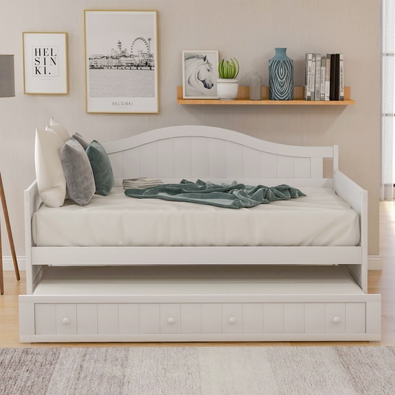 DEALTOPS Wooden Sofa Bed Frame for Bedroom Living Room with Trundle, White
