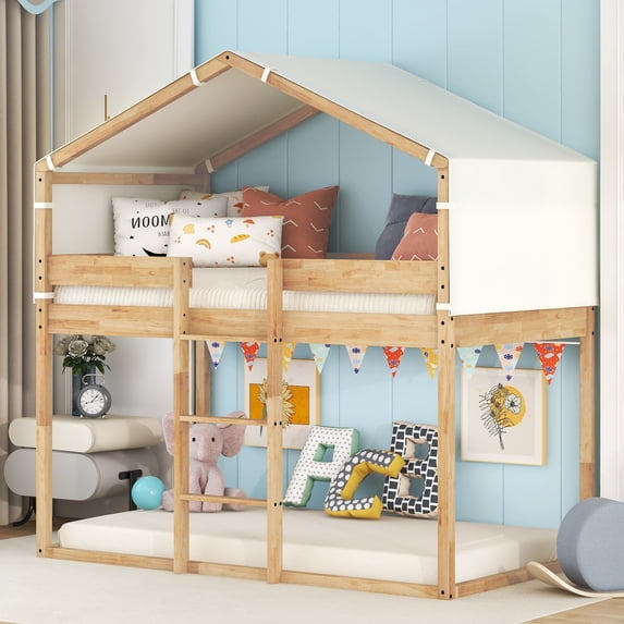 DEALTOPS Twin Over Twin Bunk Bed Wood Frame with Beige Cotton Tent,House-Shaped - Yellow