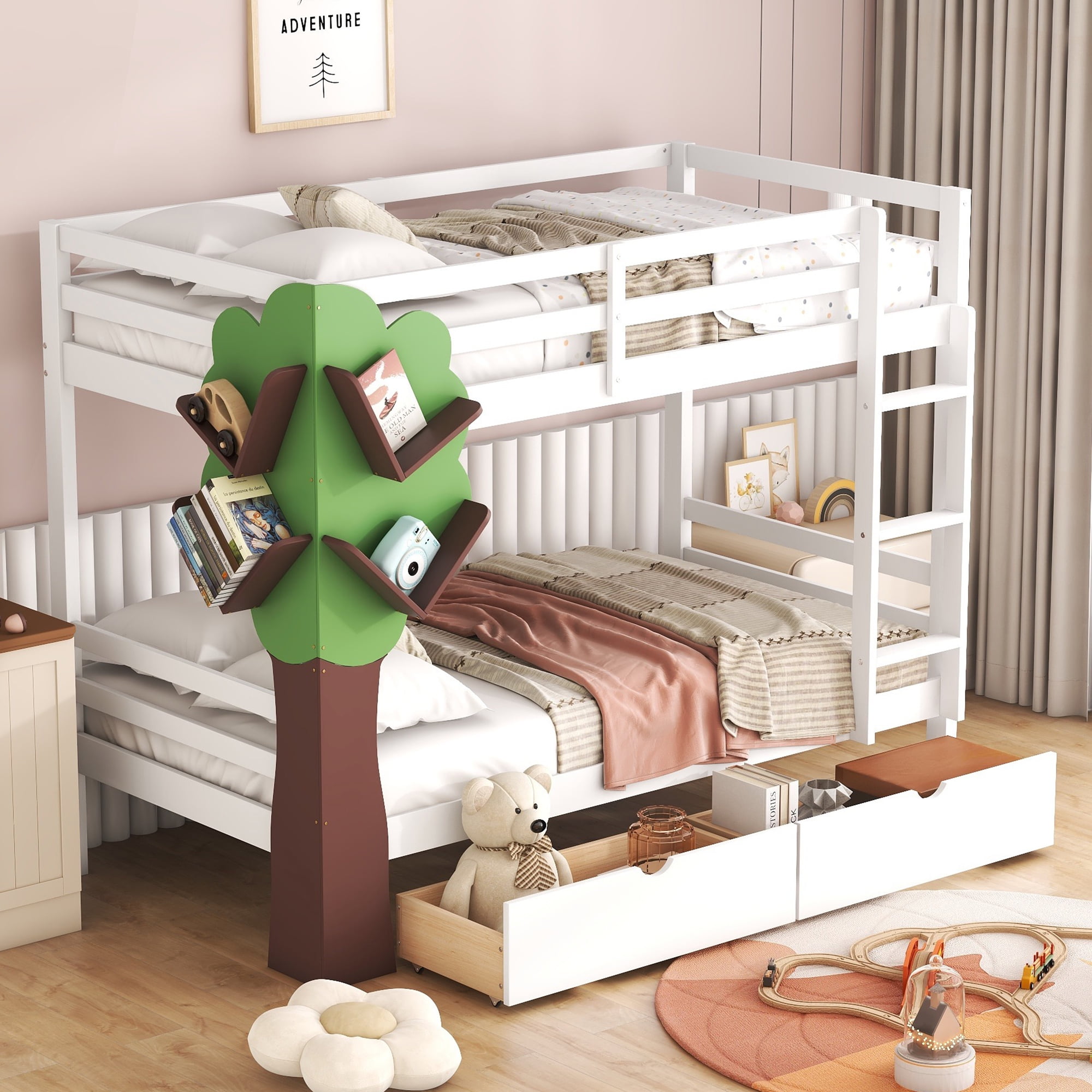 DEALTOPS Twin-Over-Twin Bunk Bed with a Tree Decor and Two Storage Drawers - White