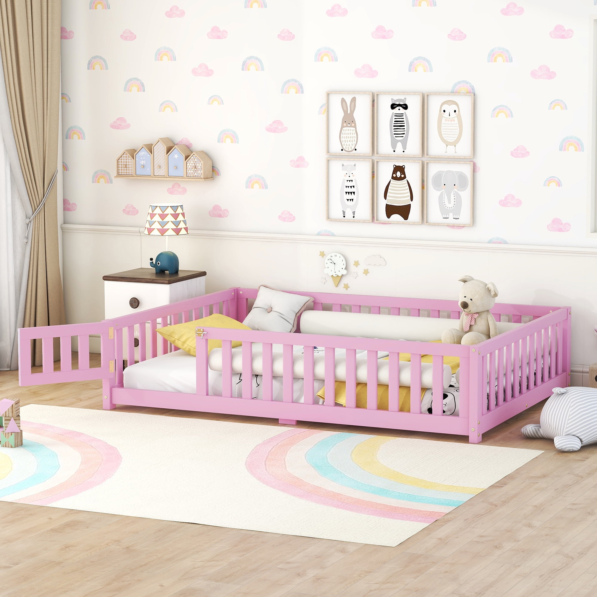 DEALTOPS Twin Size Floor Bed with Safety Guardrails and Door Montessori Wood Bed Frame for Kids, Pink