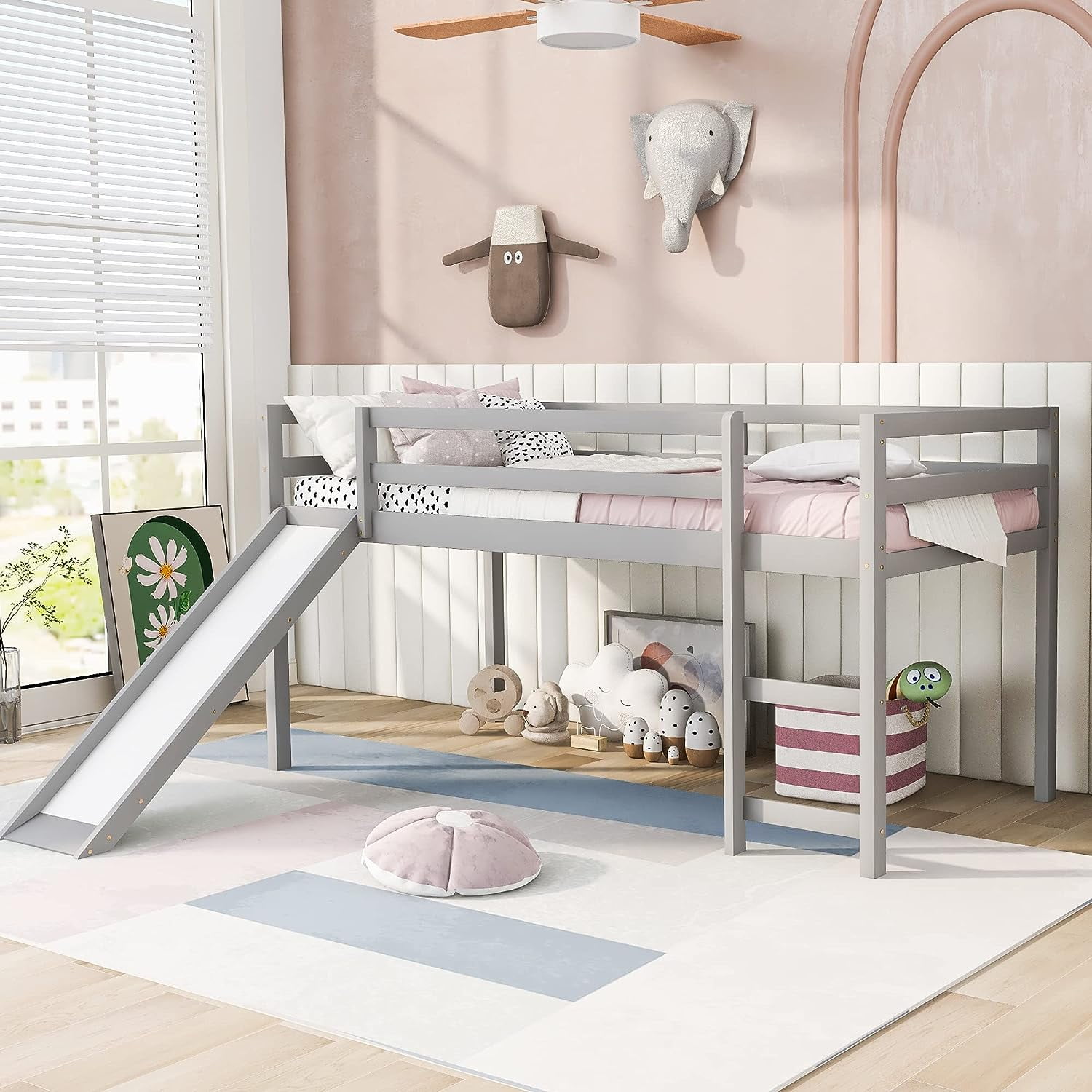 DEALTOPS Twin Size Junior Wood Loft Bed with Slide Loft Bunk Bed Frame for Girls Boys,No Box Spring Needed - Gray
