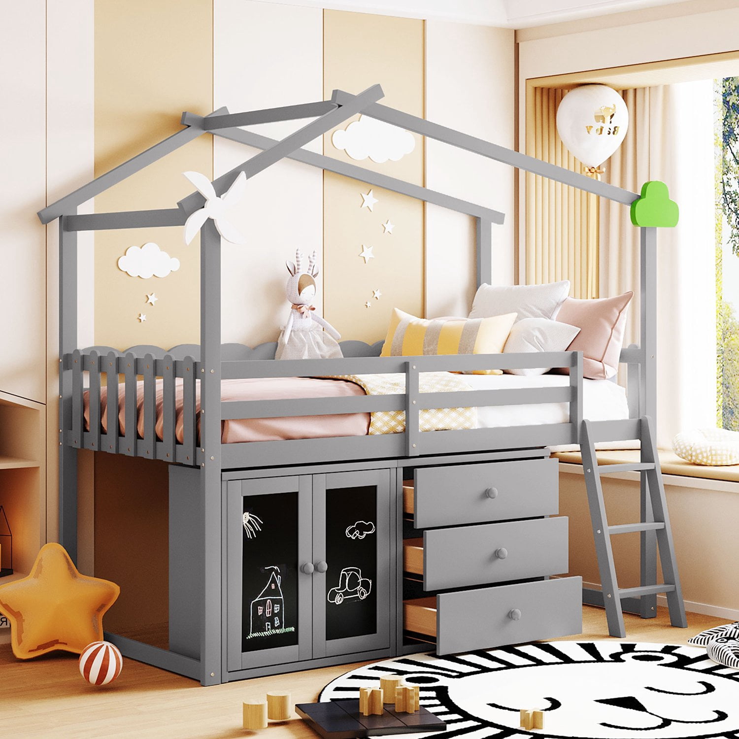 Dealtops Twin Size Loft Bed with Storage Cabinet and 3 Drawers, House Loft Bunk Beds with Roof, Black Boards and Guardrail - Gray Dealtops Twin Size Loft Bed with Storage Cabinet and 3 Drawers, House Loft Bunk Beds with Roof, Black Boards and Guardrail - Gray