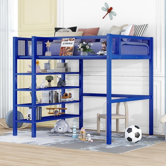 DEALTOPS Twin Size Metal Loft Bed with 4-Tier Shelves and Storage - Blue