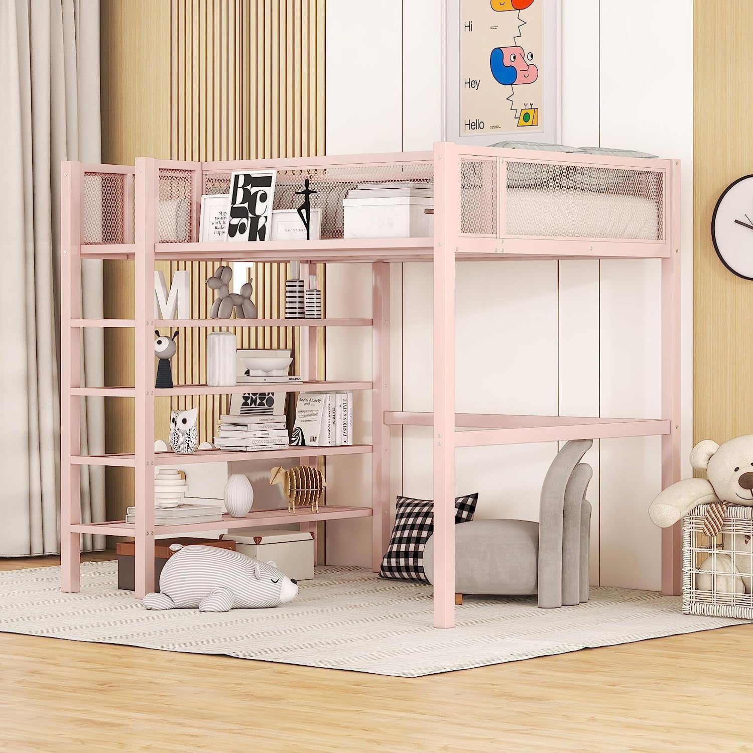 DEALTOPS Twin Size Metal Loft Bed with 4-Tier Shelves and Storage - Pink