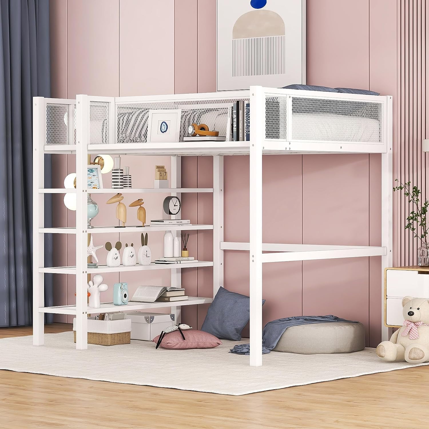 DEALTOPS Twin Size Metal Loft Bed with 4-Tier Shelves and Storage - White