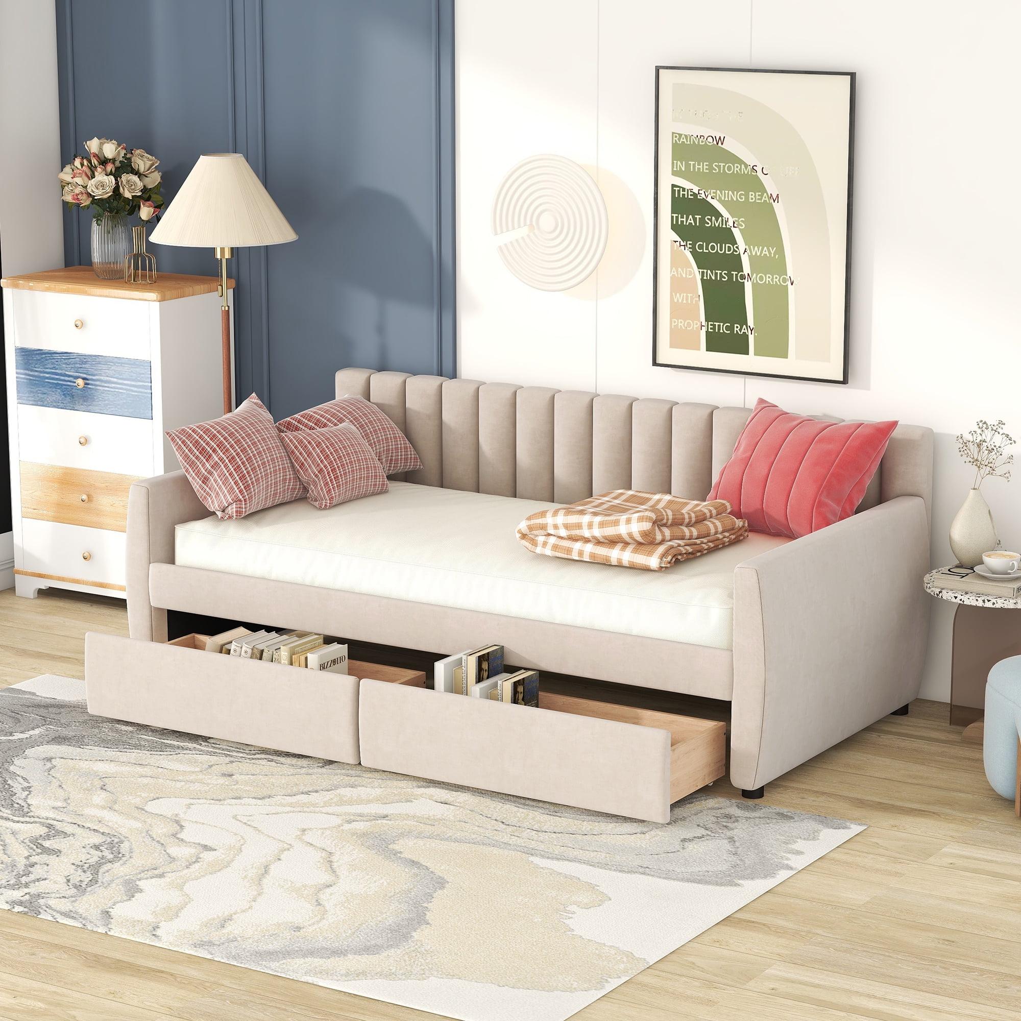 DEALTOPS Twin Size Upholstered Daybed with 2 Drawers for Bedroom Living Room Daybed Frame No Box Springs Need - Beige