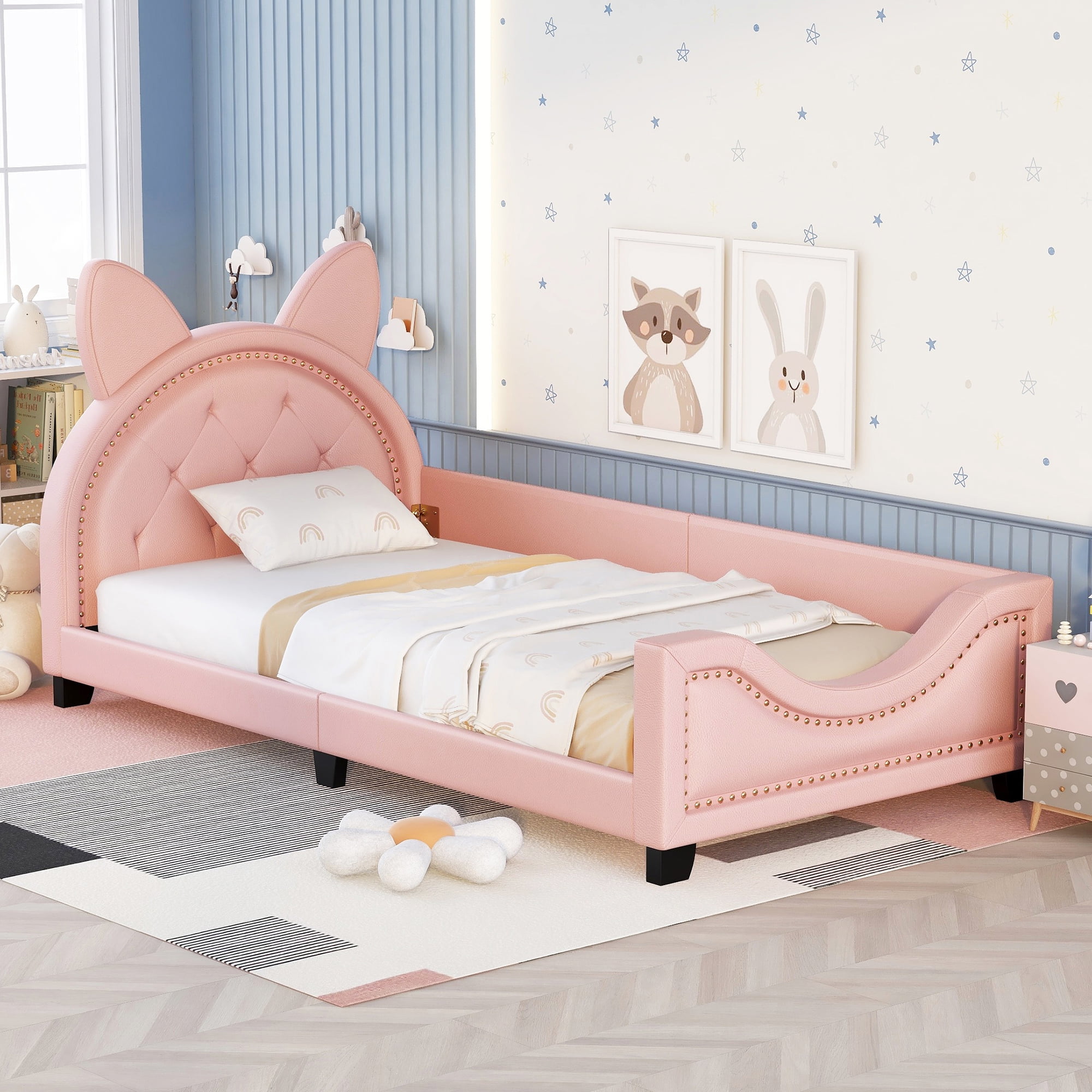 DEALTOPS Twin Upholstered Daybed with Carton Ears Headboard, PU Leather Sofa Bed for Kids, Pink