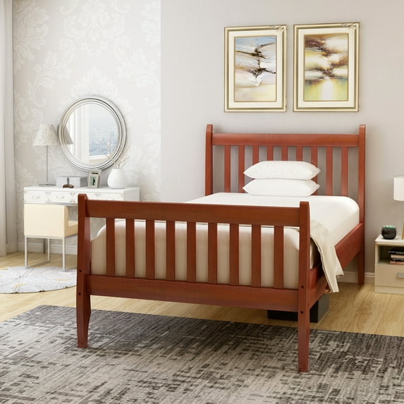 DEALTOPS Twin Wood Bed with Headboard and Footboard Wood Slat Support for Kids, Teens, Walnut