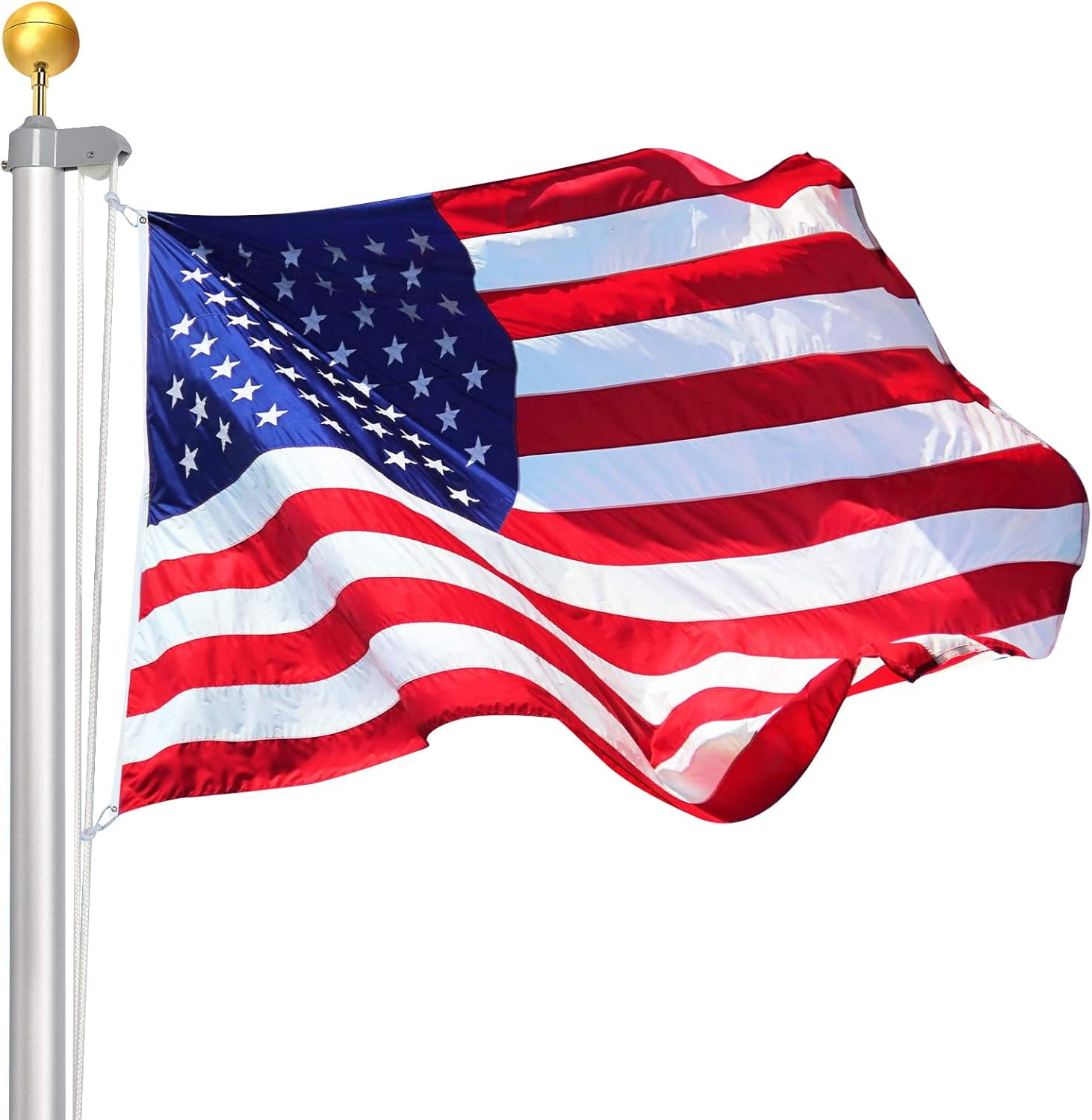 DEALTOPS Upgraded 20ft Aluminum Sectional Flagpole Kit 3'x5' US American Flag Gold Ball Kit Hardware for Outdoor Residential Yard Commercial