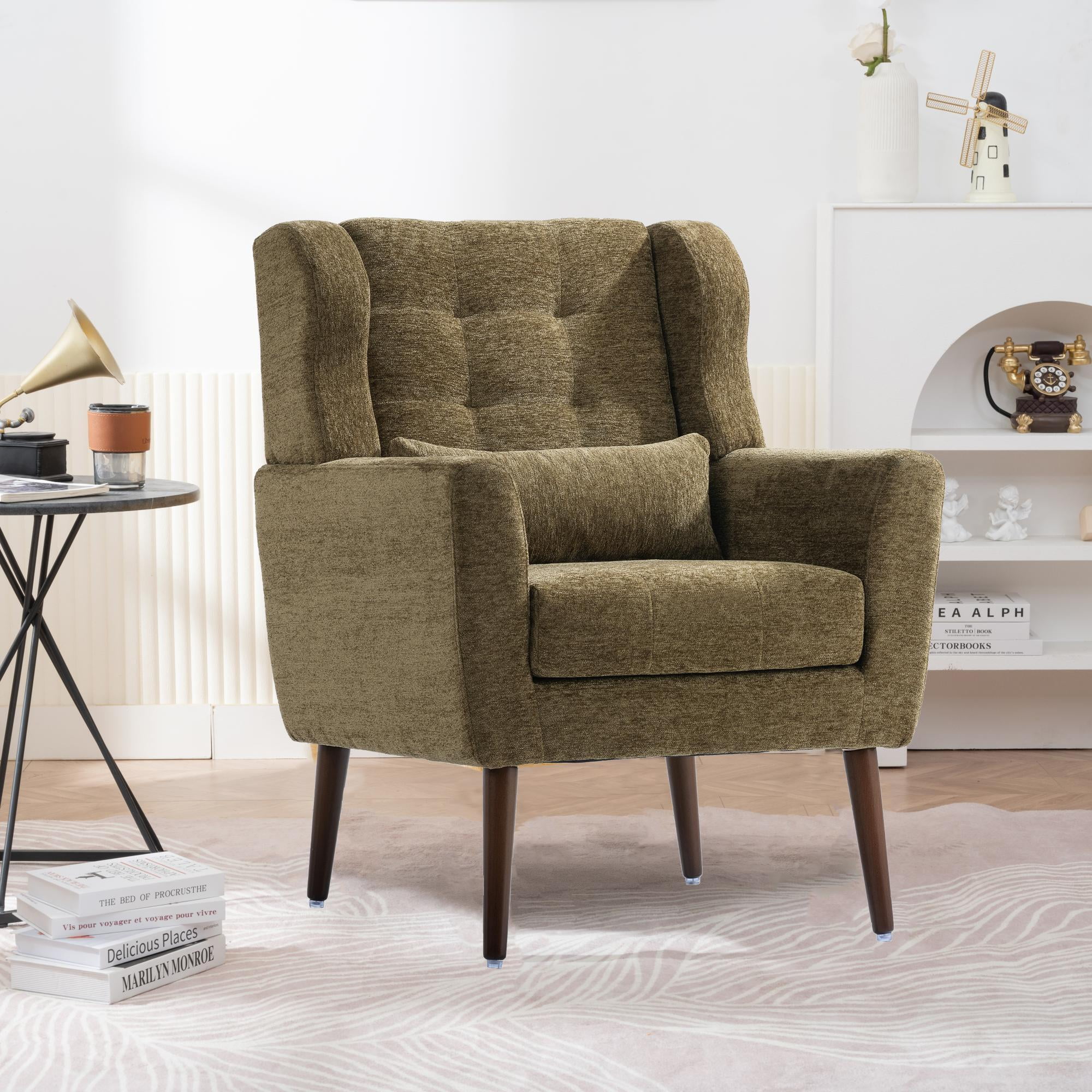 DEALTOPS Upholstered Accent Chair Modern Armchair with Chenille Fabric Lounge for Bedroom-Brown