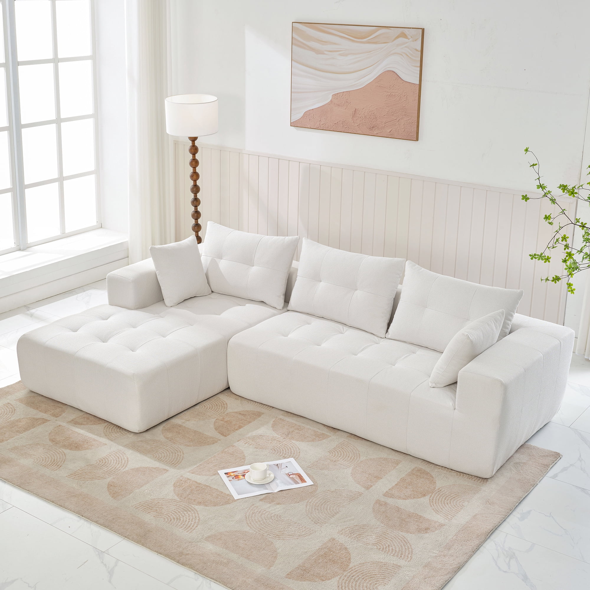 DEALTOPS Upholstered Sectional Sofa, Modern Convertible Modular Sofa Set, 110" L Shaped Sofa Couch, 2 Pieces Living Room Furniture Set, White