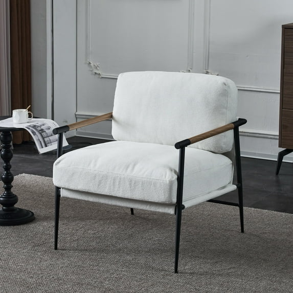 DEALTOPS Velvet Accent Chair, Arm Chair with Black Legs, Upholstered Single Sofa, Modern Leisure Vanity Chair Reading Chair for Living Room, Bedroom, Lounge Room-White