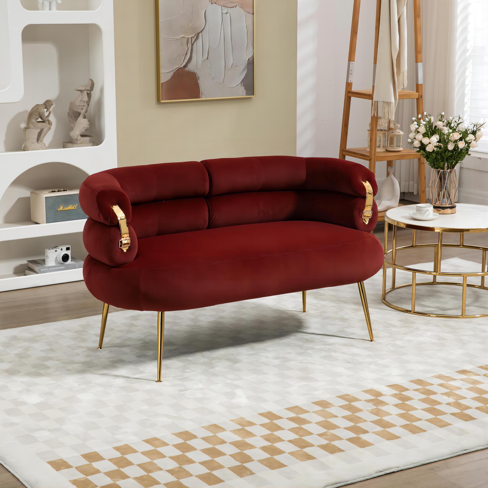 DEALTOPS Velvet Accent Chair Modern Upholstered Armchair with Metal Frame for Living Room-Wine Red