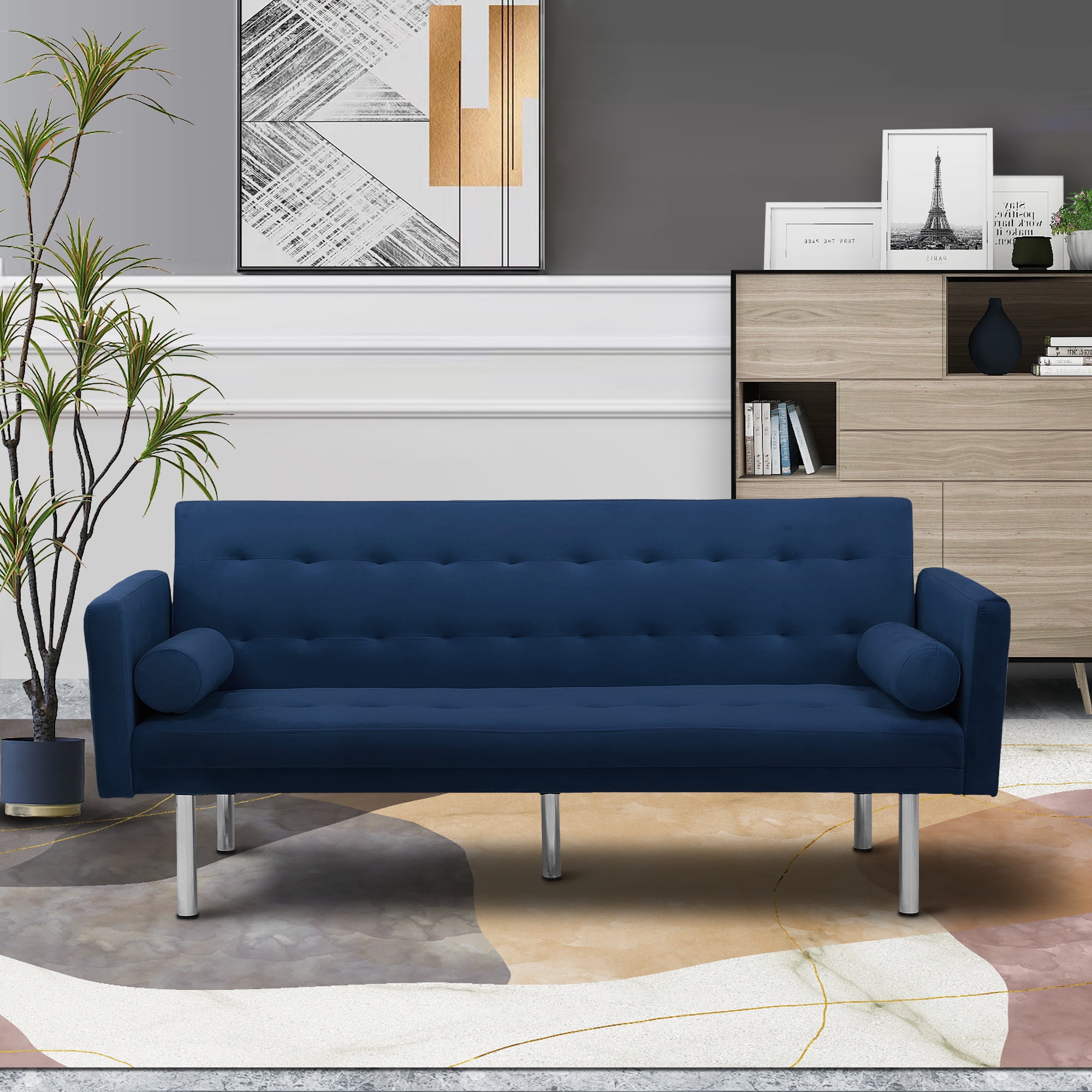DEALTOPS Velvet Futon Sofa Bed Upholstered Convertible Sofa Couch, Recliner Modern Tufted Back Couch Lounge for&nbsp;Living Room - Blue