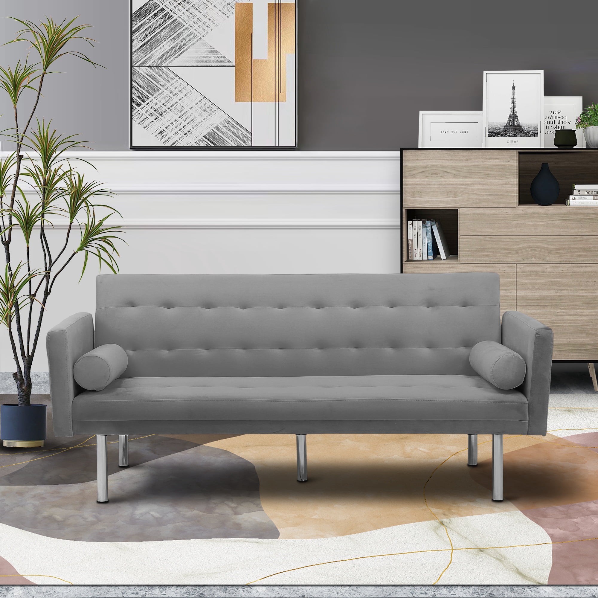 DEALTOPS Velvet Futon Sofa Bed Upholstered Convertible Sofa Couch, Recliner Modern Tufted Back Couch Lounge for&nbsp;Living Room - Gray