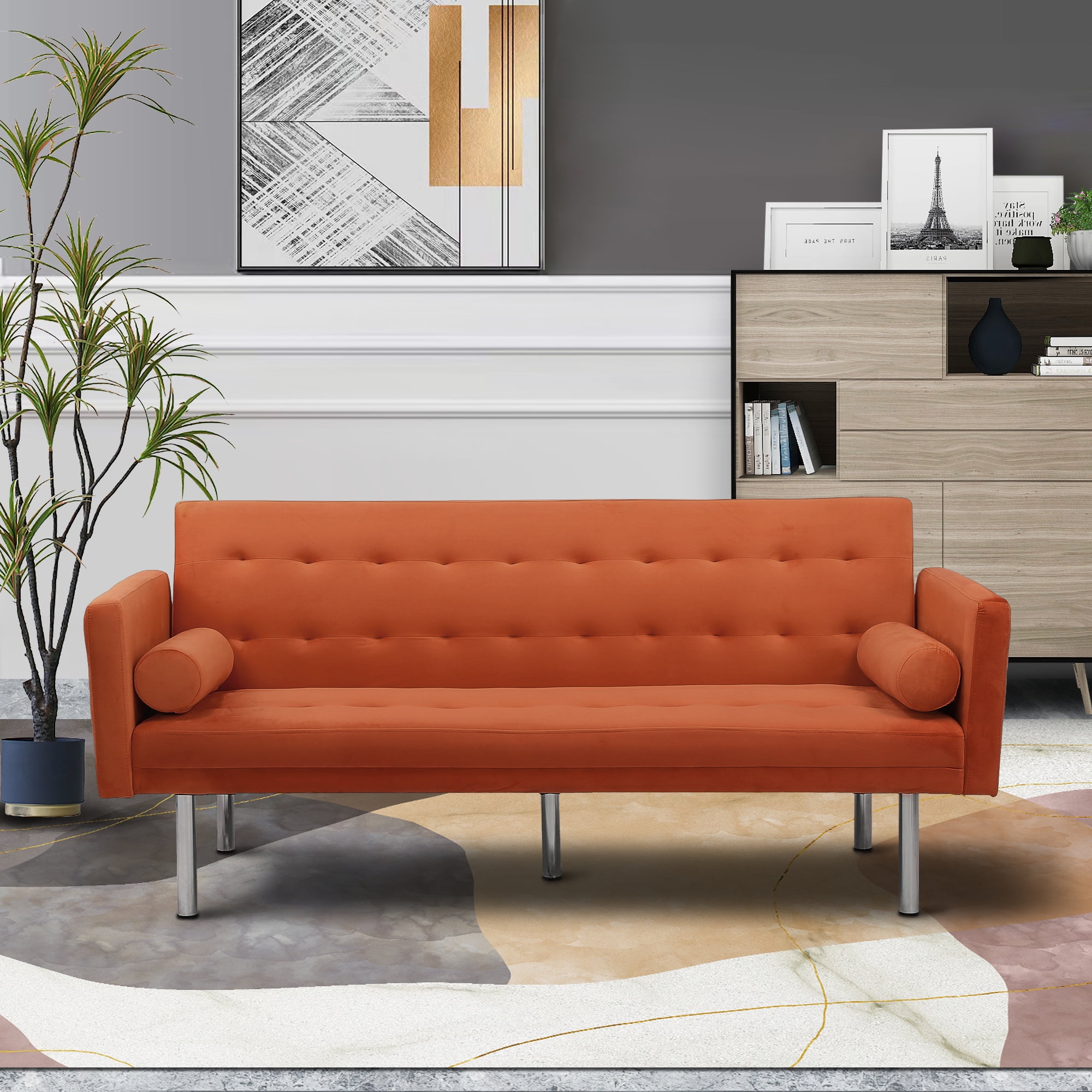 DEALTOPS Velvet Futon Sofa Bed Upholstered Convertible Sofa Couch, Recliner Modern Tufted Back Couch Lounge for&nbsp;Living Room - Orange