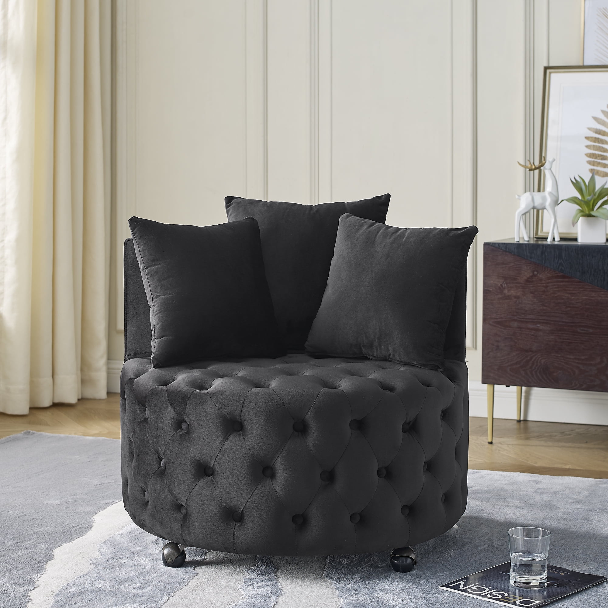 DEALTOPS Velvet Upholstered Swivel Chair for Living Room, with Button Tufted Design and Movable Wheels, Including 3 Pillows-Black