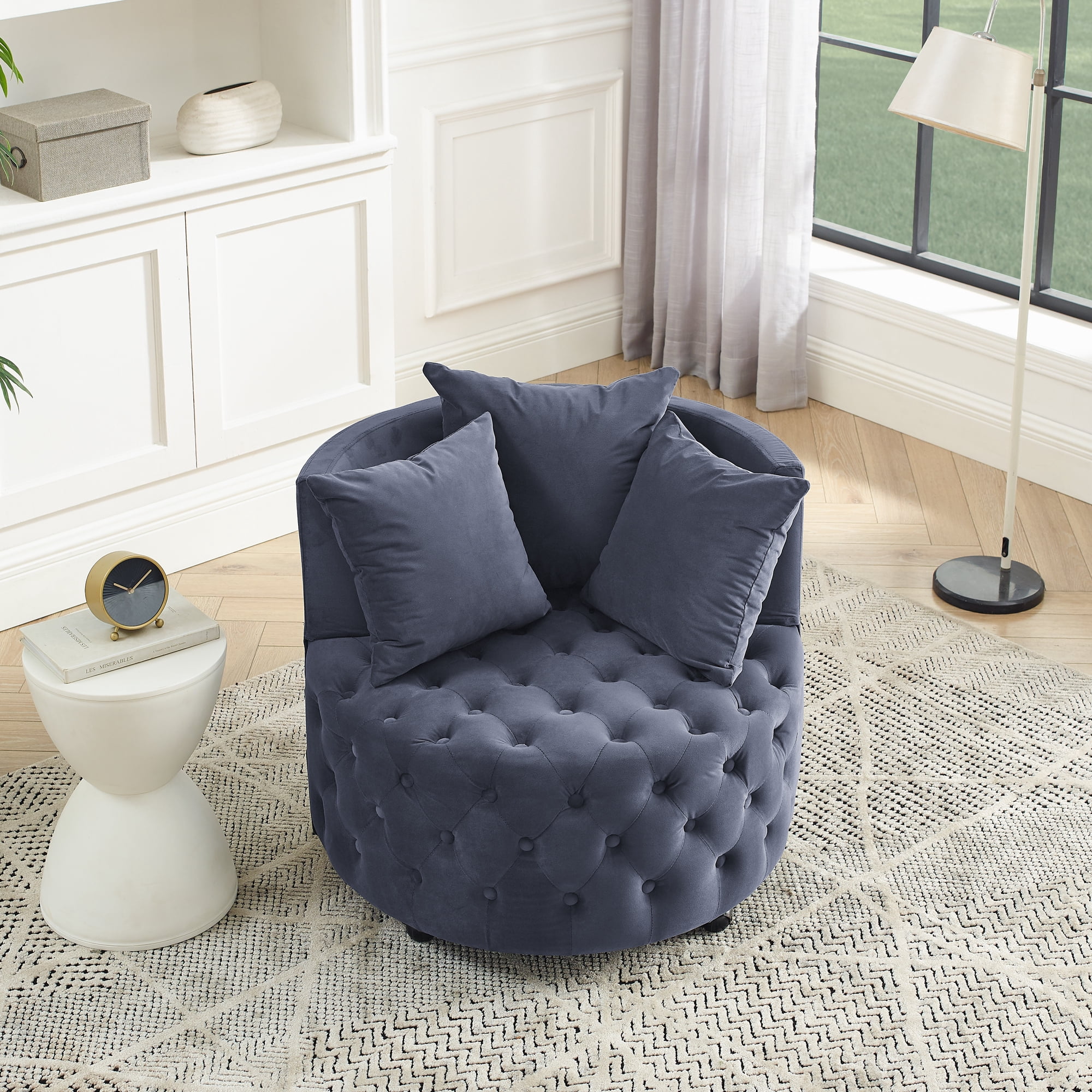 DEALTOPS Velvet Upholstered Swivel Chair for Living Room, with Button Tufted Design and Movable Wheels, Including 3 Pillows-Grey