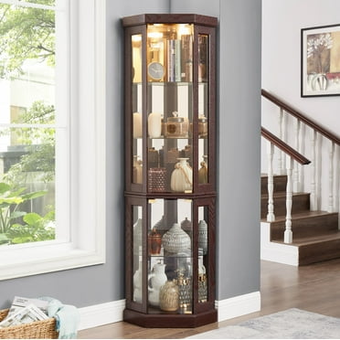 DEALTOPS Vintage Corner Curio Cabinet with Light Bulb, Lighted Glass Display Cabinet with Adjustable Shelves, Cherry