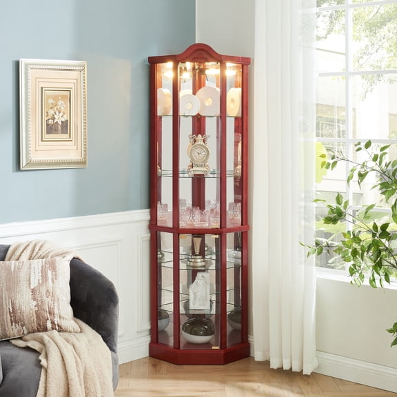 DEALTOPS Vintage Corner Display Cabinet, Lighted Glass Curio Cabinet with Adjustable Shelves, Cherry