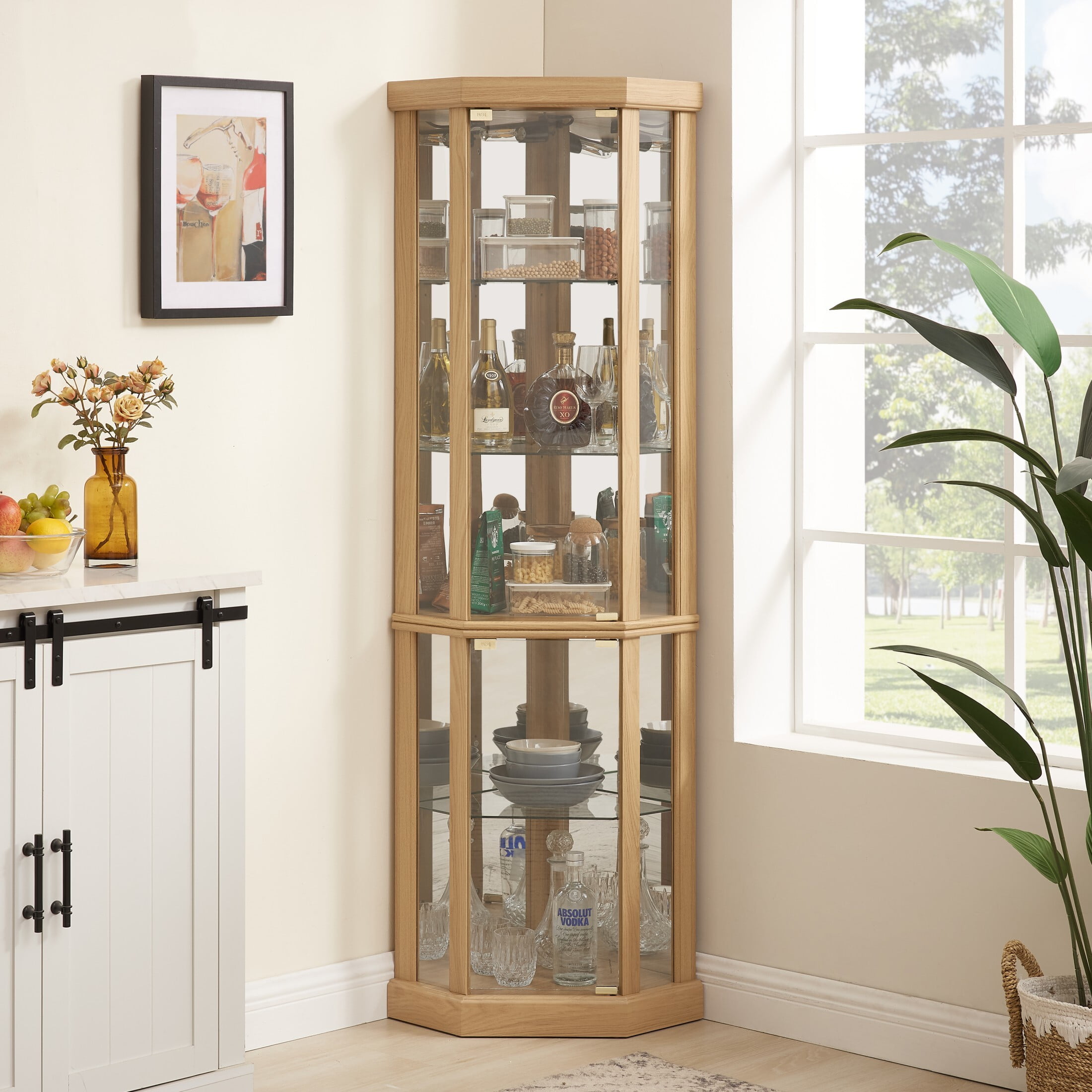 Dealtops Vintage Corner Display Cabinet Lighted Glass Curio Cabinet with Adjustable Shelves Light Oak