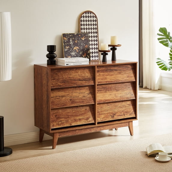 DEALTOPS Vintage Dresser with 6 Drawers in Bevel Design, Versatile Spacious Storage Cabinet, Antique Walnut