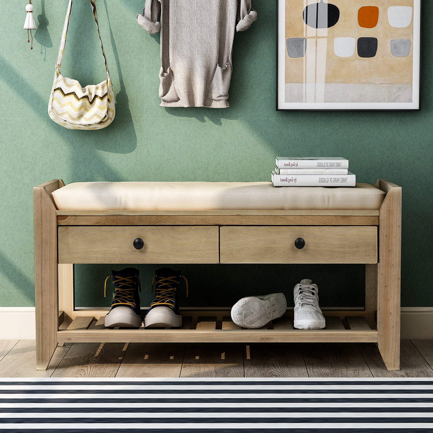 DEALTOPS Vintage Storage Bench with 2 Drawers and Soft Cushion, Multipurpose Shoe Rack for Entryway - Gray Wash