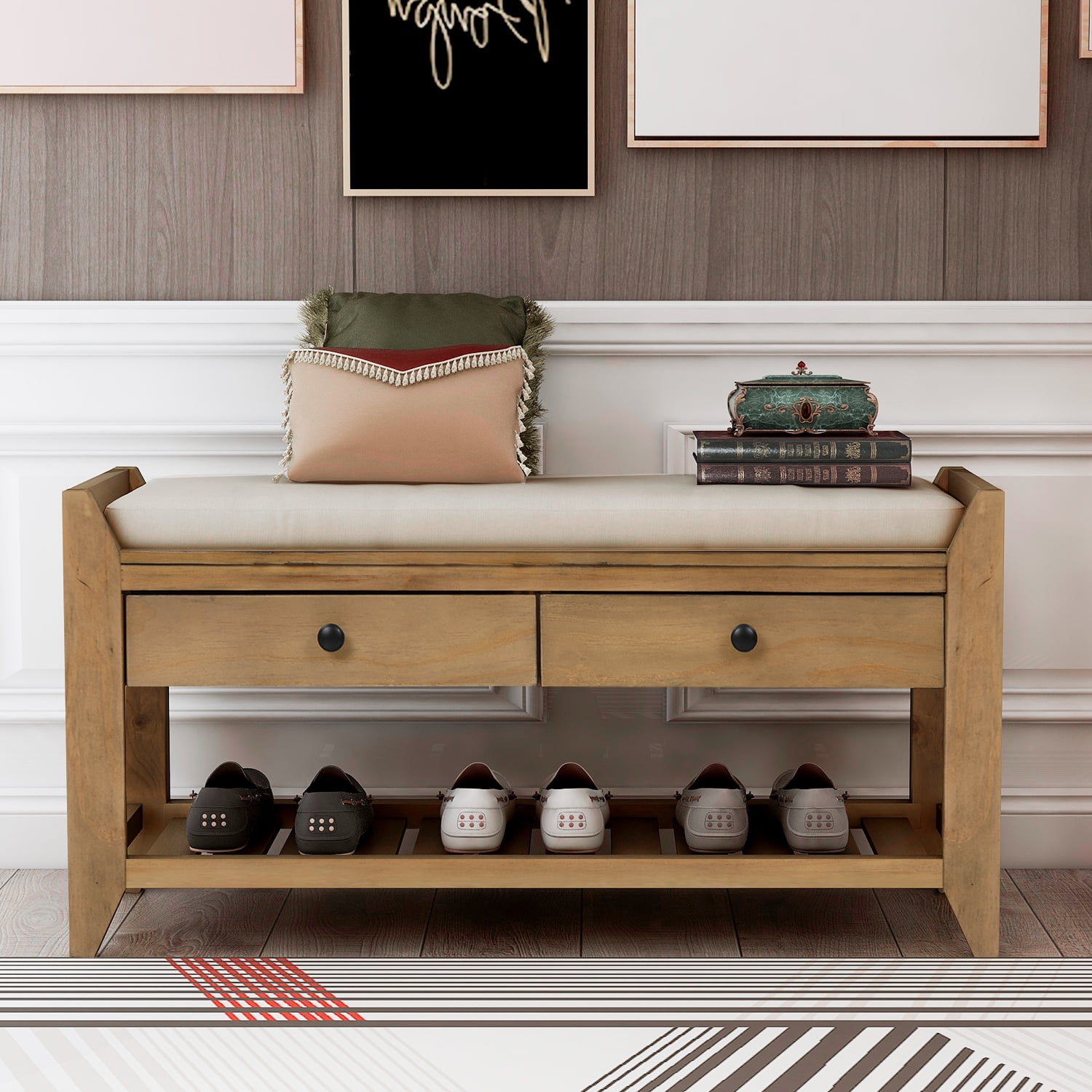 DEALTOPS Vintage Storage Bench with 2 Drawers and Soft Cushion, Multipurpose Shoe Rack for Entryway - Old Pin