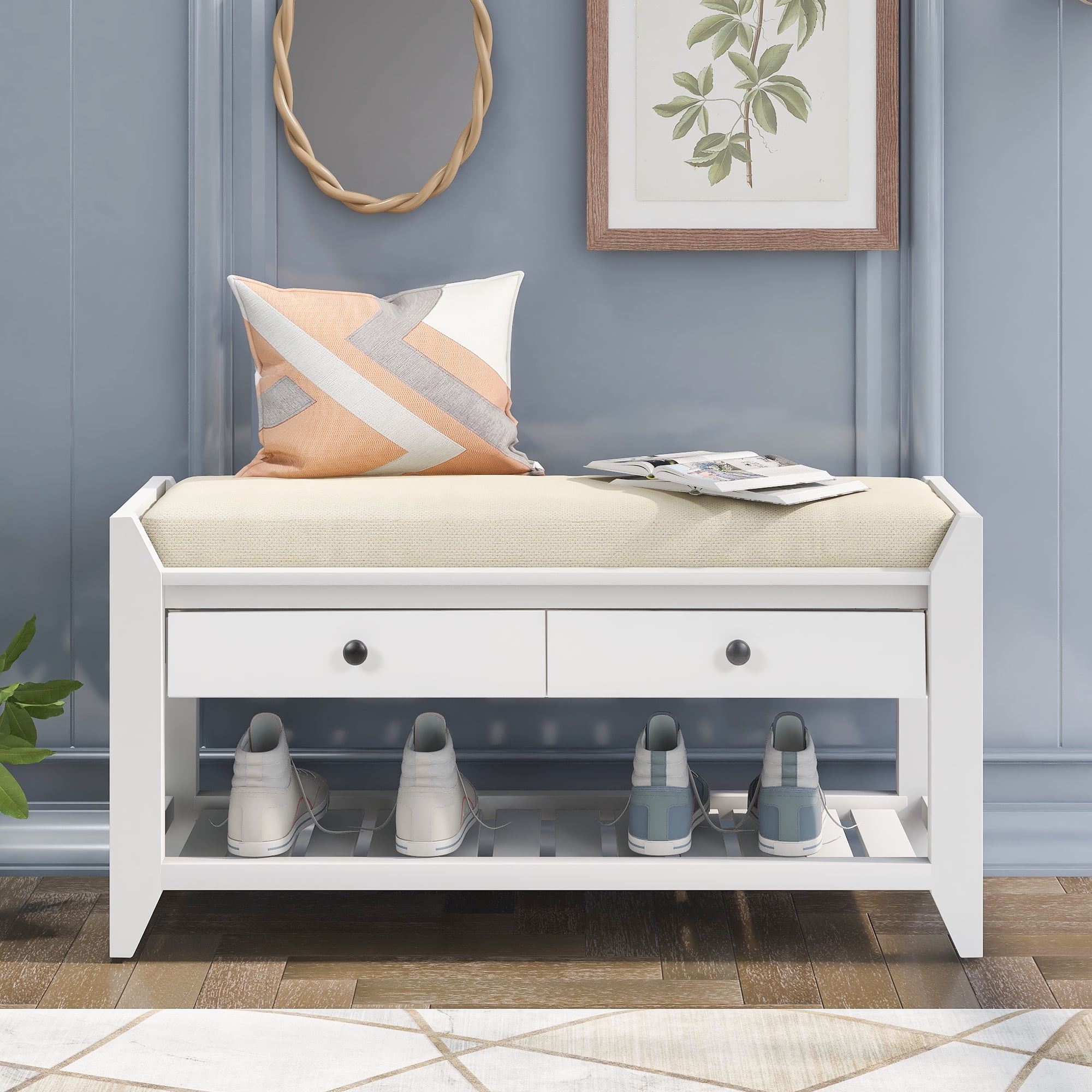 DEALTOPS Vintage Storage Bench with 2 Drawers and Soft Cushion, Multipurpose Shoe Rack for Entryway - White
