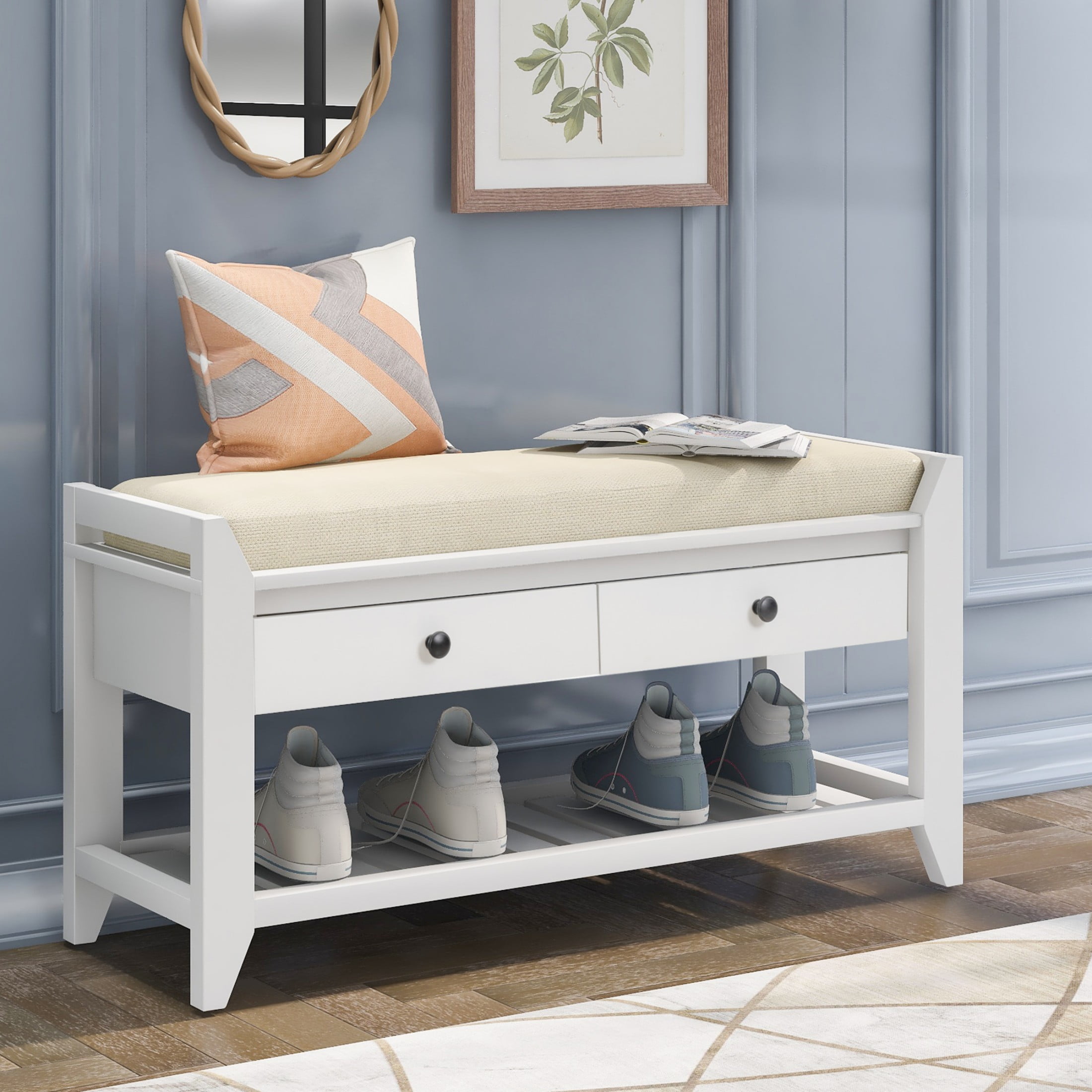 DEALTOPS Vintage Storage Bench with Cushion Seat, Shoe Rack with 2 Drawers, White