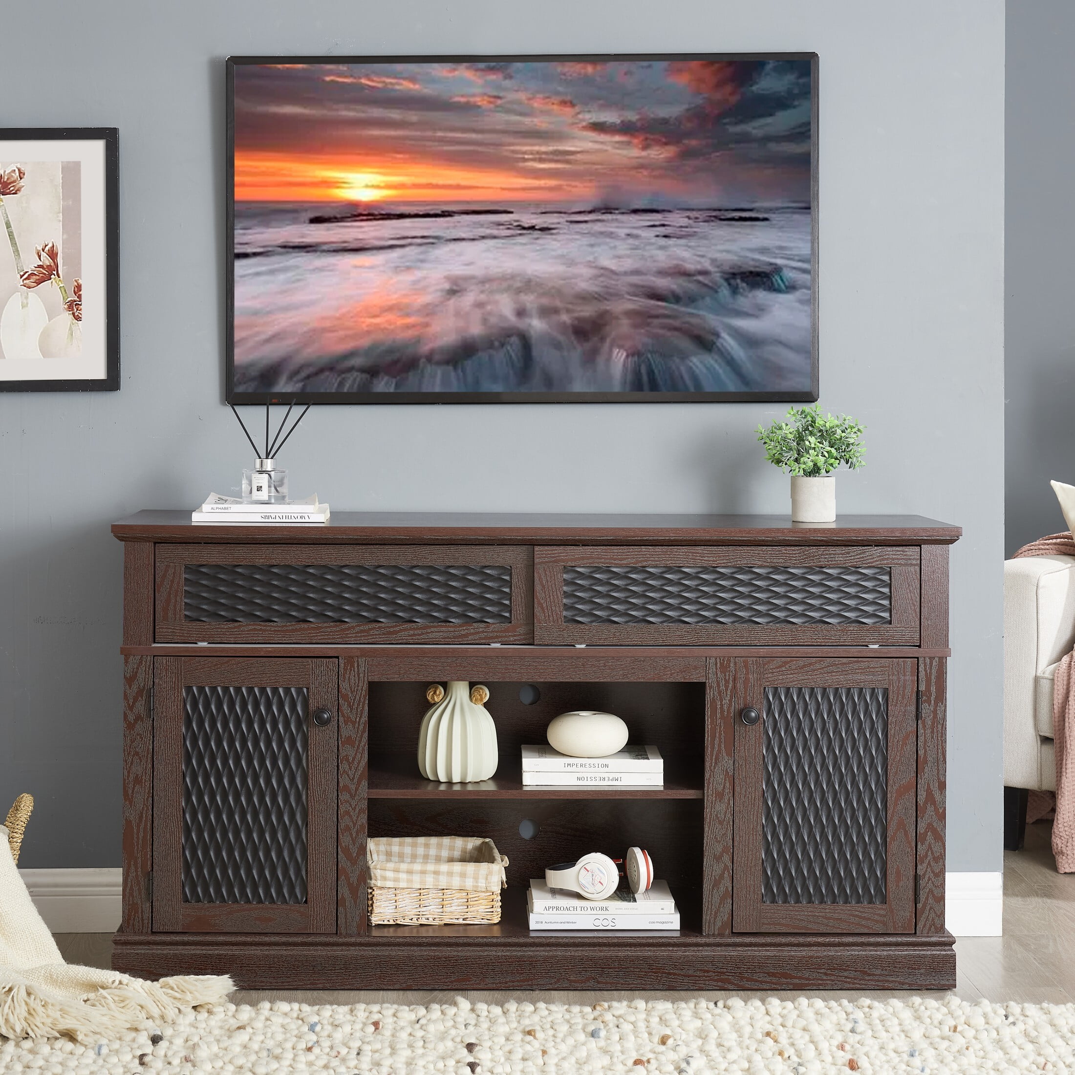 DEALTOPS Vintage TV Stand with Embossed Patterns, Console Table with Adjustable Shelves for TVs Up to 65'', Cherry