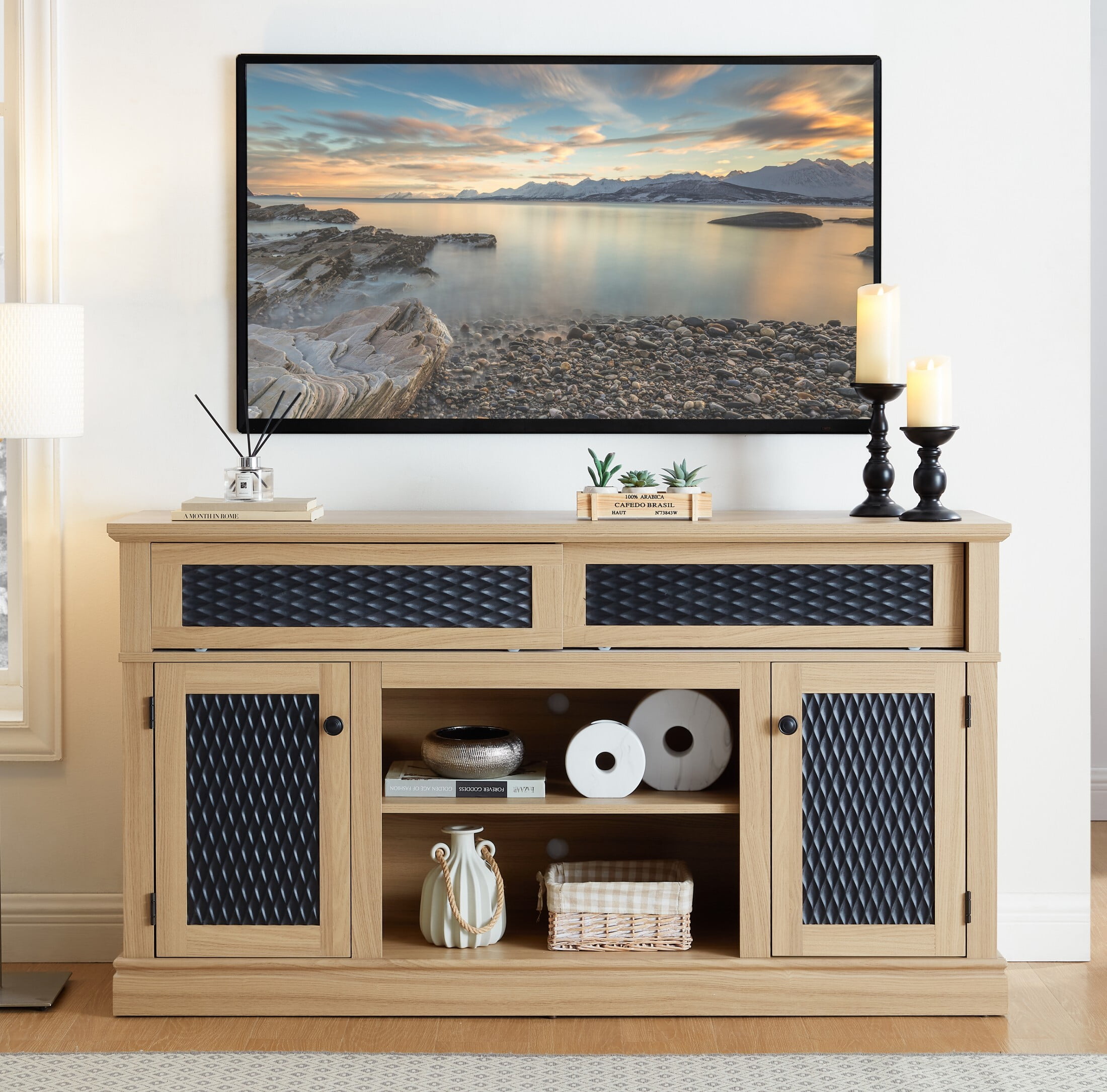 DEALTOPS Vintage TV Stand with Embossed Patterns, Console Table with Adjustable Shelves for TVs Up to 65'', Oak
